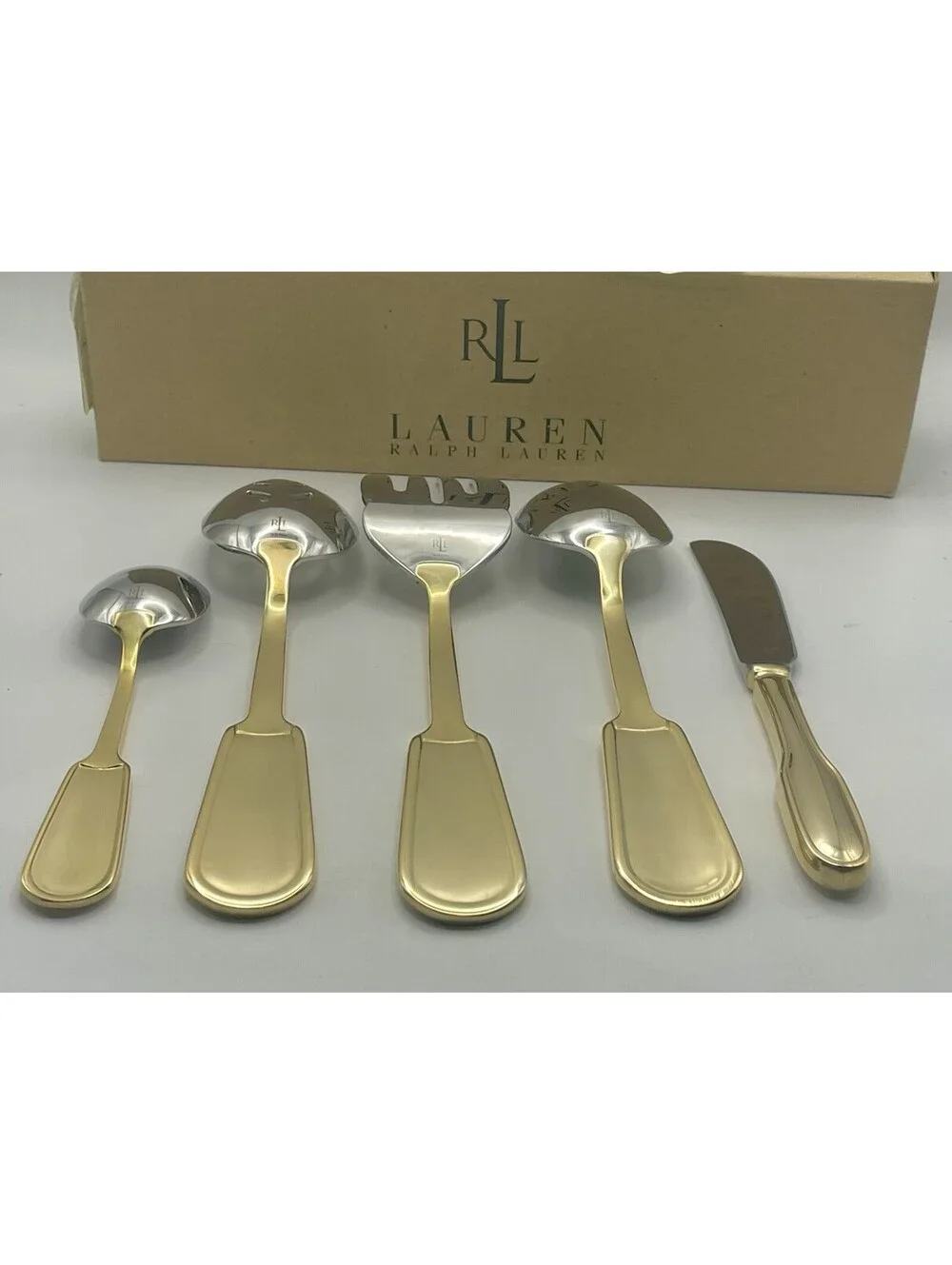 (1) Ralph Lauren PELHAM GOLD 5 Pc Hostess Set 18/10 Stainless China